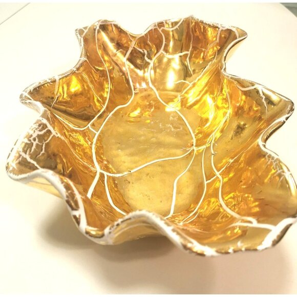 Vintage Gold Wavy Edge Display Dish - Italian Style Art Pottery - Picture 2 of 8